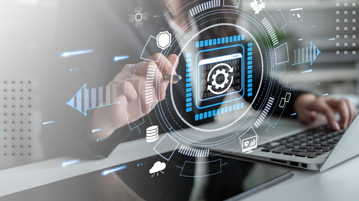 A person interacts with a futuristic digital interface displaying a gear icon, symbolizing technology or system settings