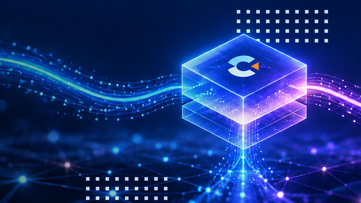 A glowing translucent cube floats in a digital environment, featuring a stylized C-shaped symbol on its top face