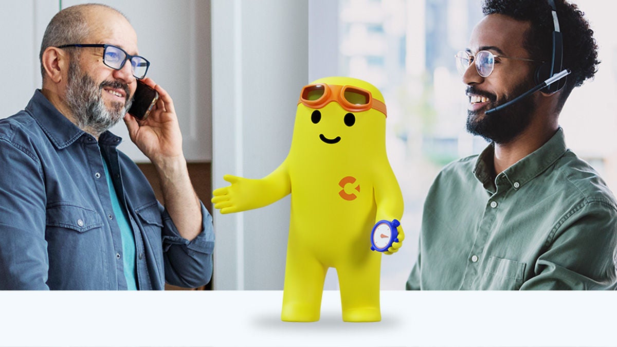 Subscriber on phone with Customer Service Rep and animated AI agent