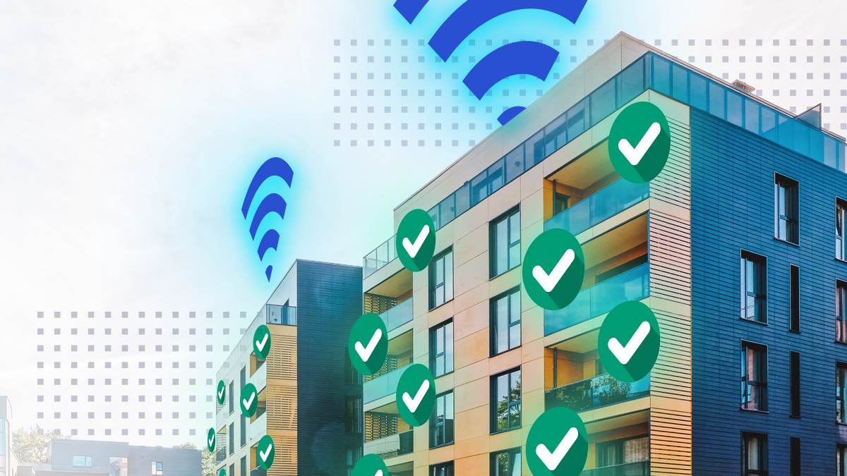 Multiple building with abstract Wi-Fi symbols and checkmarks overlaid on top of them