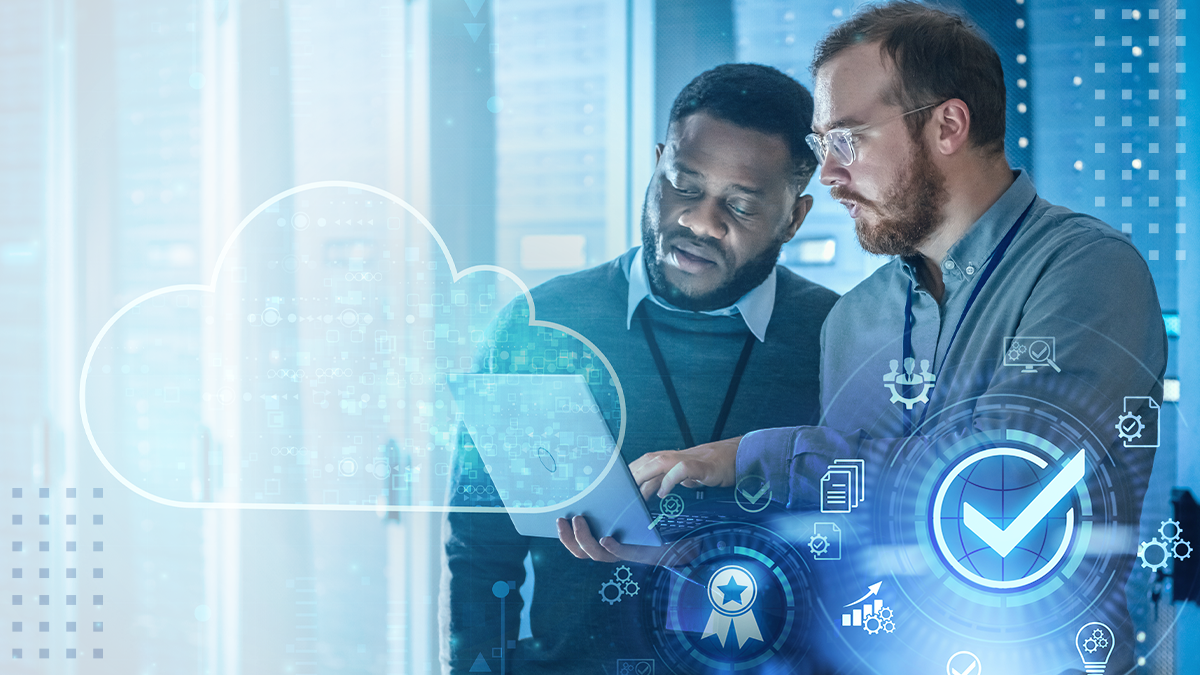 Two men on a laptop conduction cloud integration with abstract cloud symbols overlaid