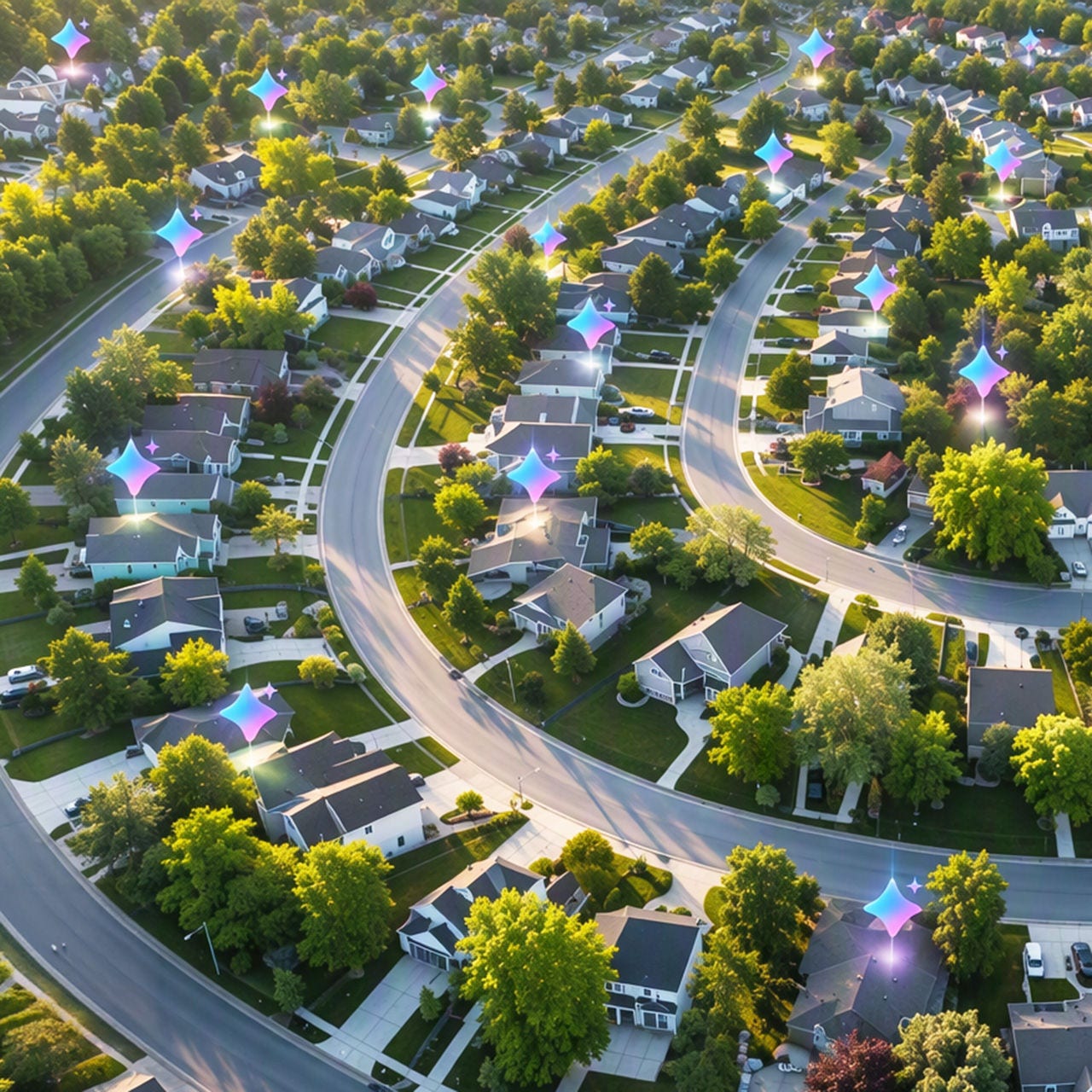 aerial view of homes, some with abstract AI icons over them