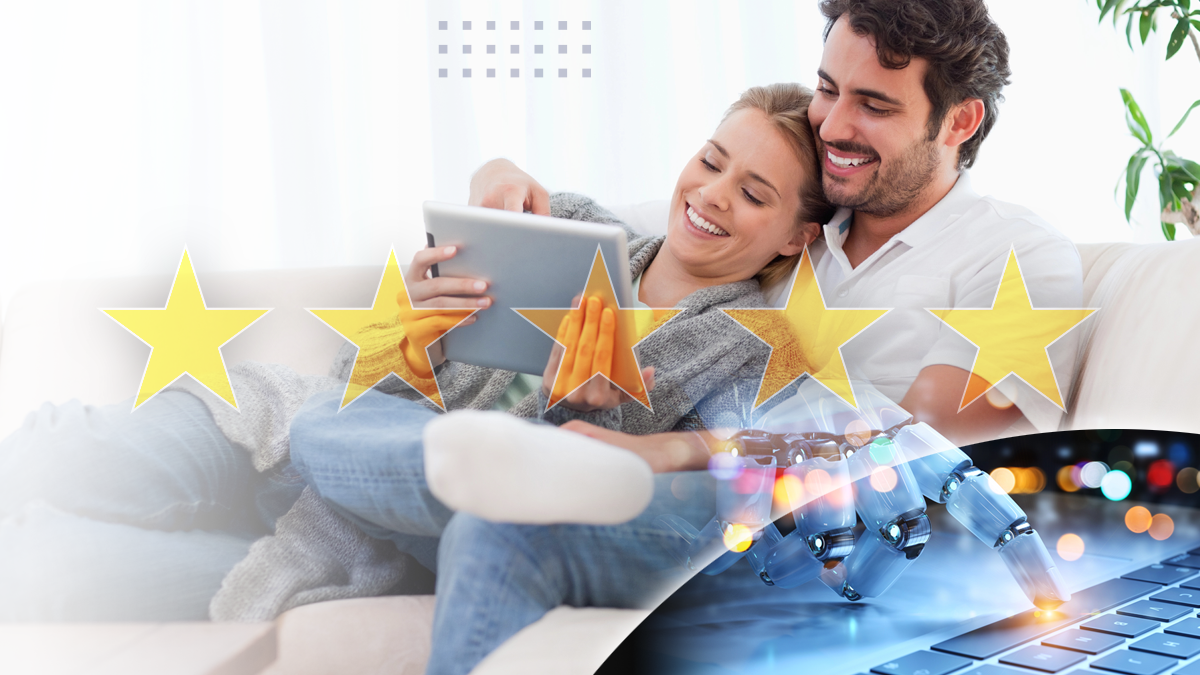 A smiling man and woman sitting on a couch viewing a tablet with an abstract 5-star rating overlaid