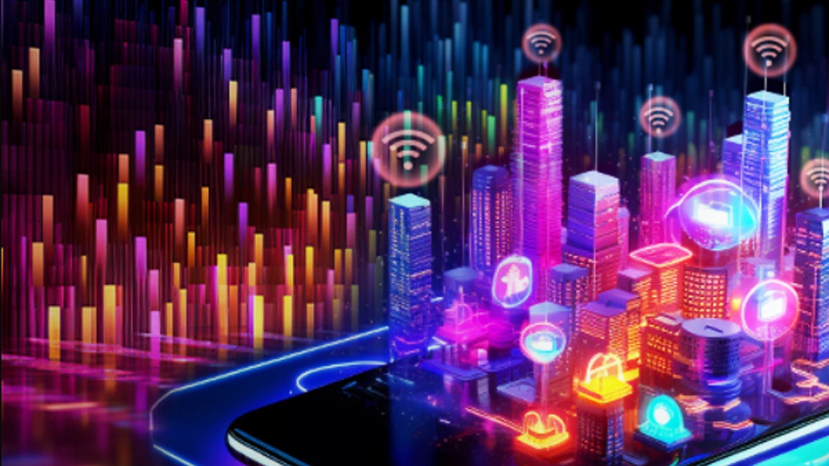 Vibrant 3D city graphic on the mobile device with wifi signal sign at the top of the buildings