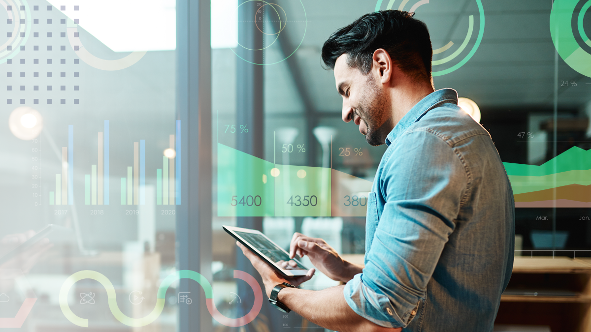 A man viewing a tablet with data insights to help achieve service excellence