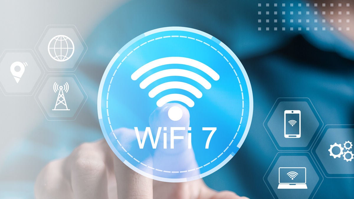 A person deploying Wi-Fi 7 by touching a blue abstract Wi-Fi icon.