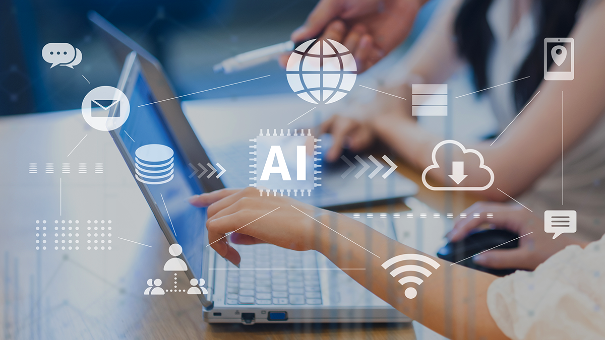 People pointing at a laptop with abstract AI, networking, and tech icons overlaid