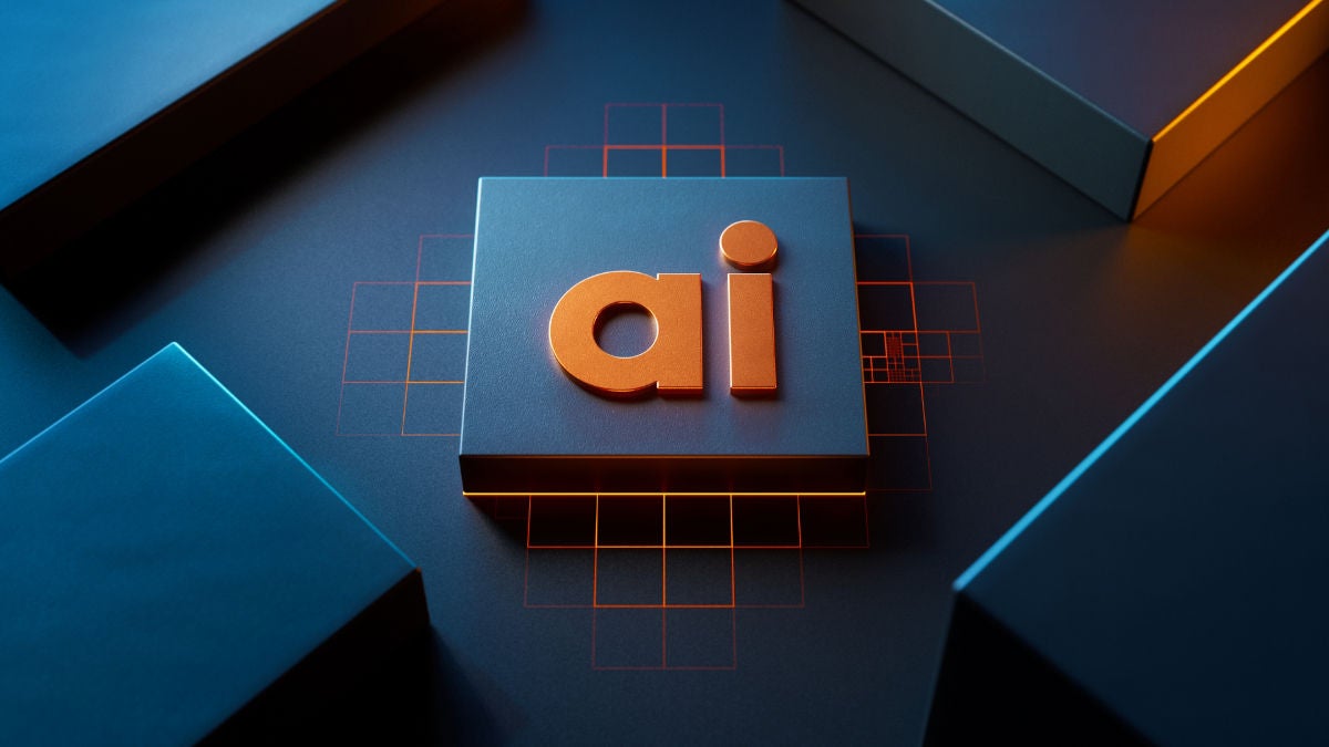 Artificial intelligence symbol on the glossy futuristic surface with abstract glowing lines