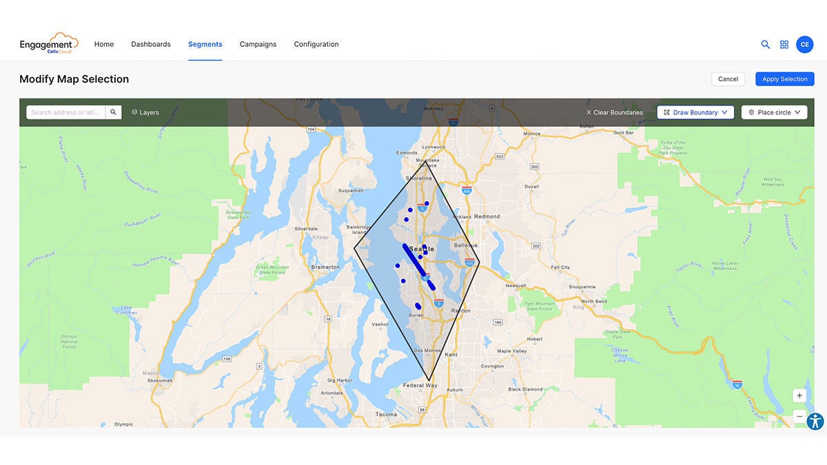 Interactive map segment selection with highlighted region