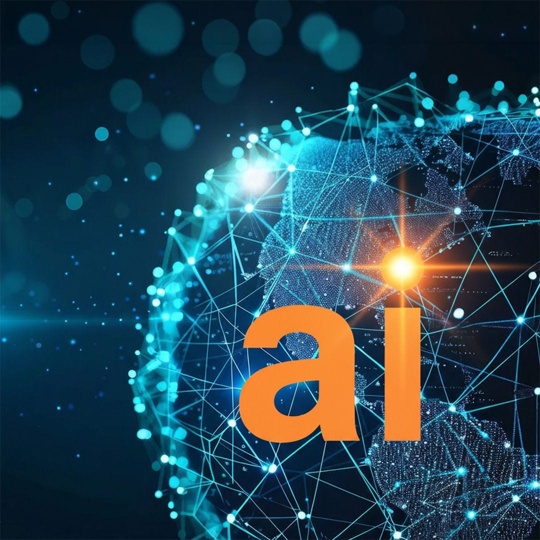 Abstract network over earth globe with letters "AI" over it