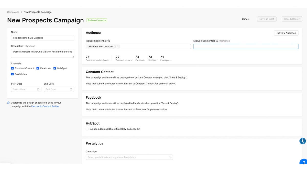 New Prospects Campaign Setup Dashboard Interface