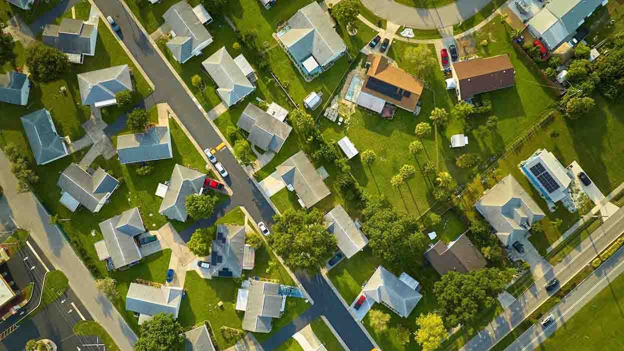 Aerial view of green suburb