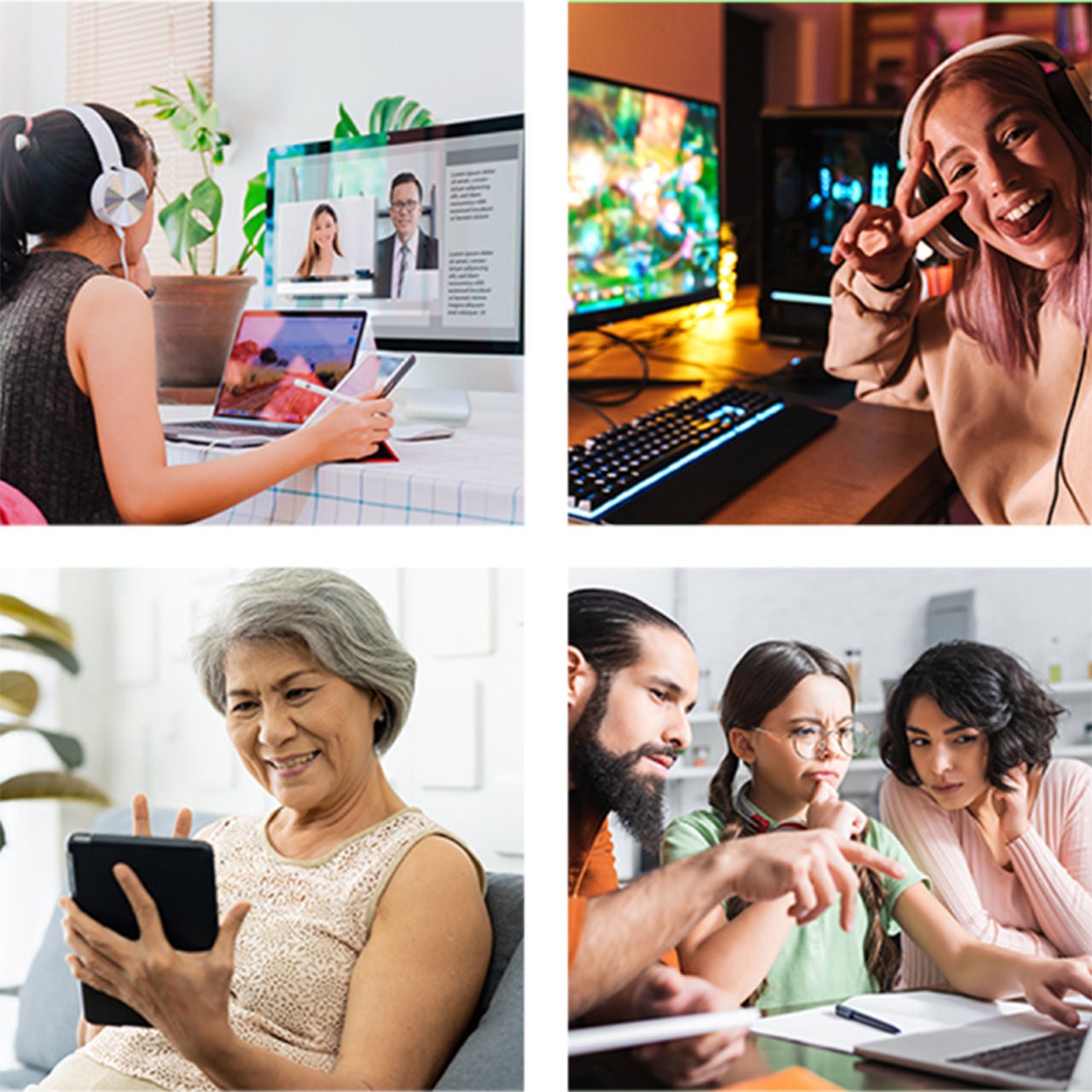 collage of happy people on devices