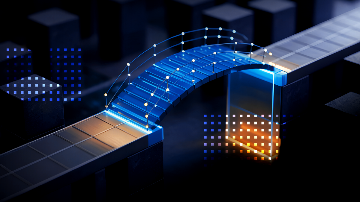 A stylized blue bridge spans between two illuminated platforms in a dark, abstract environment