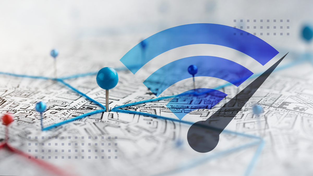 A large Wi-Fi symbol is superimposed over a city map, highlighting network connectivity.