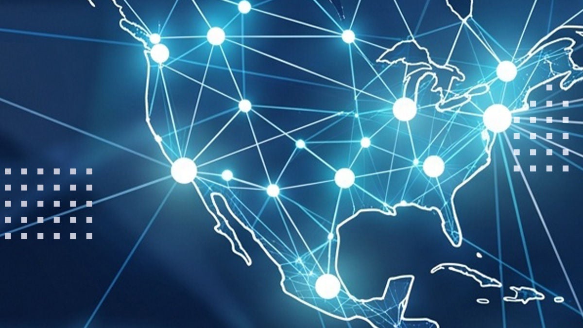 Digital illustration of a connected network map over North America. White glowing nodes and lines represent data connections across the continent on a blue background. The Calix One and Astound names appear at the top, with a blue "PRESS RELEASE" banner at the bottom left. The overall design suggests technology, connectivity, and telecommunications communication.
