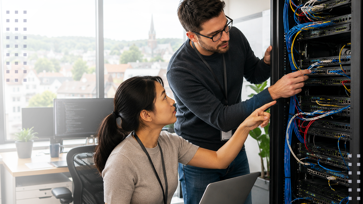 Two IT professionals work together in a modern office data center, examining cables and hardware inside a tall server rack
