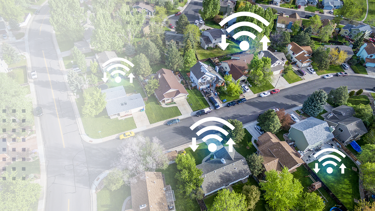 Aerial view of a town with wireless communication