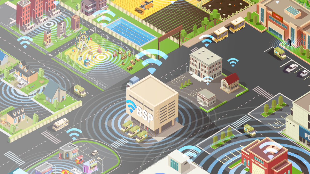 Illustration of aerial view of a small town surrounded by Wi-Fi symbols
