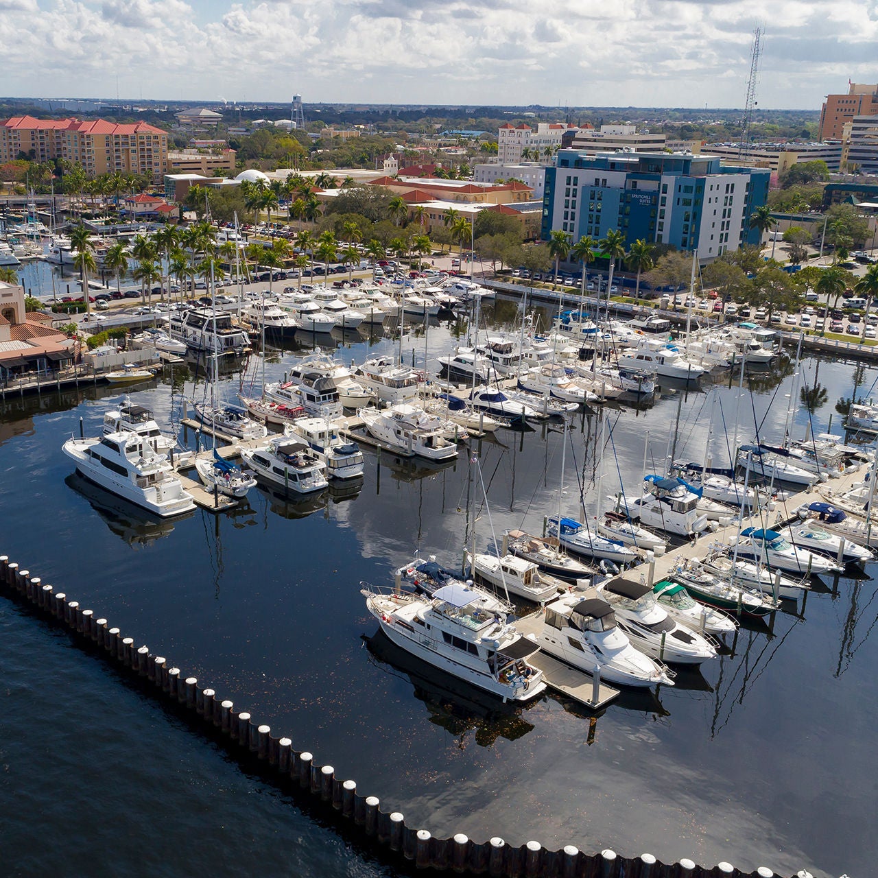 Drone view on the marina on the Manatee River with Bradenton in the background