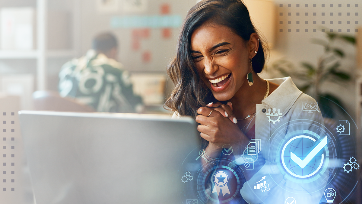 Smiling woman on laptop in an office with abstract check mark icon overlay