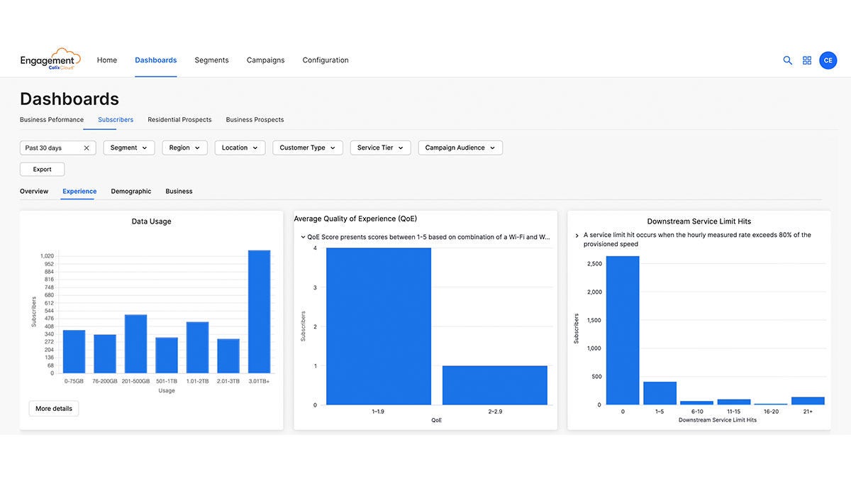 Business dashboard with data usage and service metrics