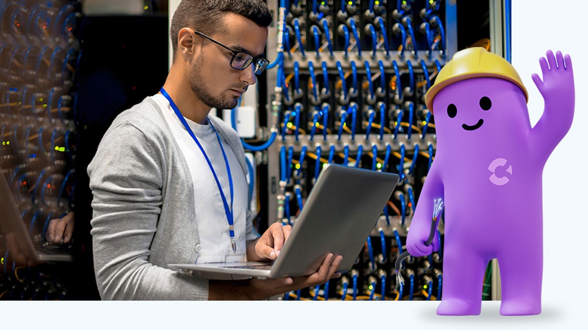 Operations manager on laptop with animated AI agent next to him