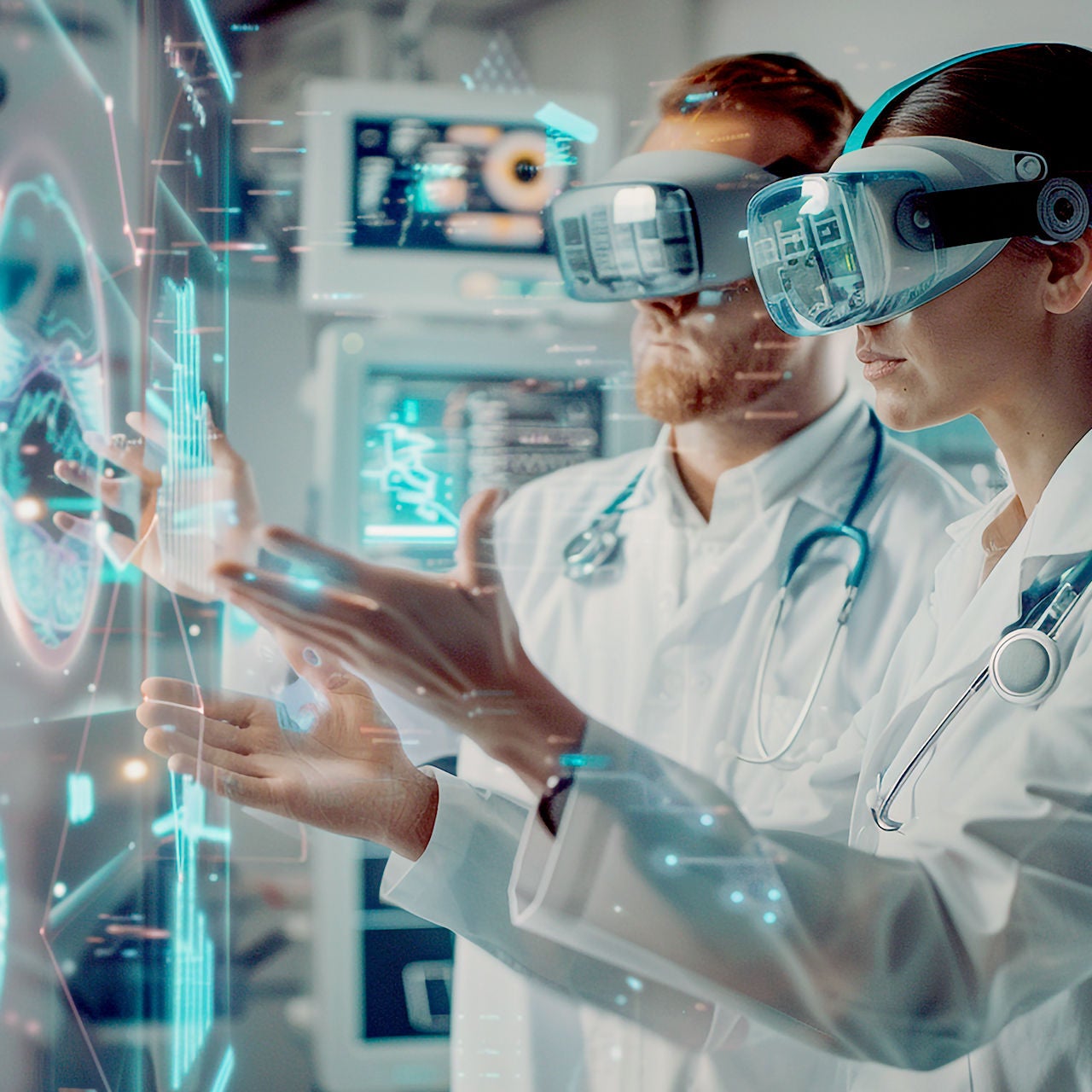 Two doctors in white coats using VR goggles powered by 50G-PON to view abstract high tech medical information on a screen