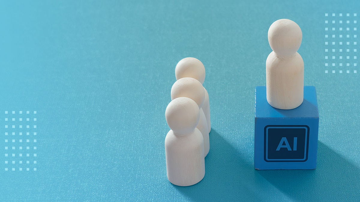 A wooden human figure stands elevated on a blue cube marked with the letters AI.