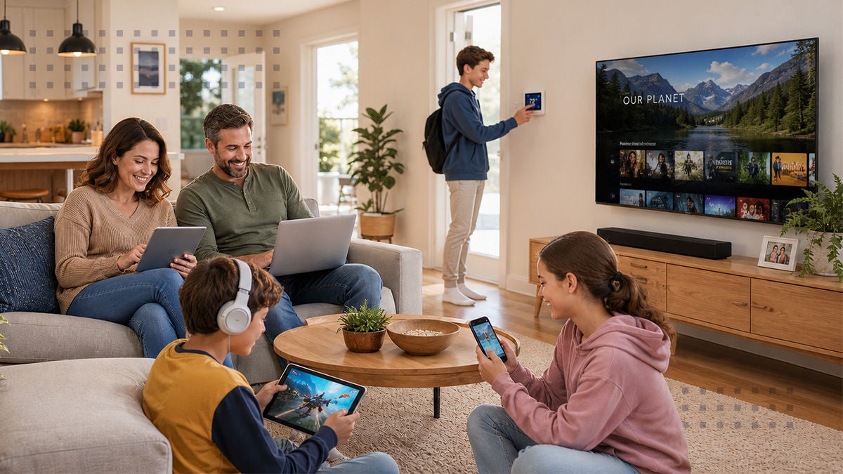 A family relaxes together in a modern living room while using various digital devices. The parents sit on a couch with a tablet and laptop, and two children use a smartphone and tablet. A teenager stands by the wall adjusting a smart home control while a large TV screen displays a nature documentary titled "OUR PLANET" with streaming thumbnails. The space is bright and cozy, emphasizing home entertainment, connectivity, and everyday technology use.