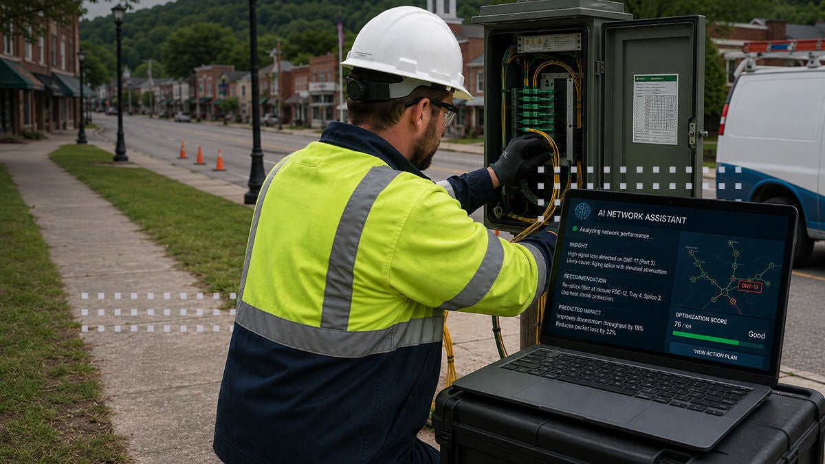 A field technician in a high-visibility jacket and hard hat works at an outdoor network cabinet along a street. A laptop on a portable table displays the CalixOne network assistant interface with a map and status information. The image includes the CalixOne and Conexon Connect names in the upper corners and a blue "PRESS RELEASE" banner in the lower left. The scene suggests professional broadband infrastructure maintenance and monitoring in an urban or small-town setting.