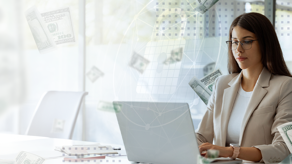 Businesswoman in a formal suit working with a laptop in a modern office, human resources and small business owner