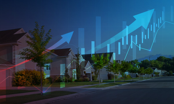 row houses with the upward arrow for the growth in the background