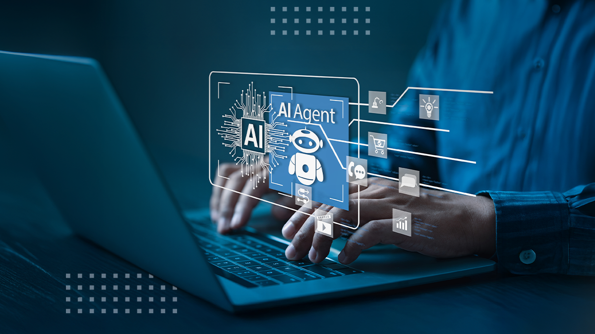 A man using a laptop with abstract agentic AI icons overlaid