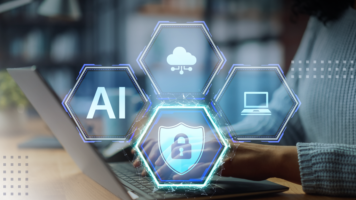 A person using a laptop with abstract AI and security icons overlaid